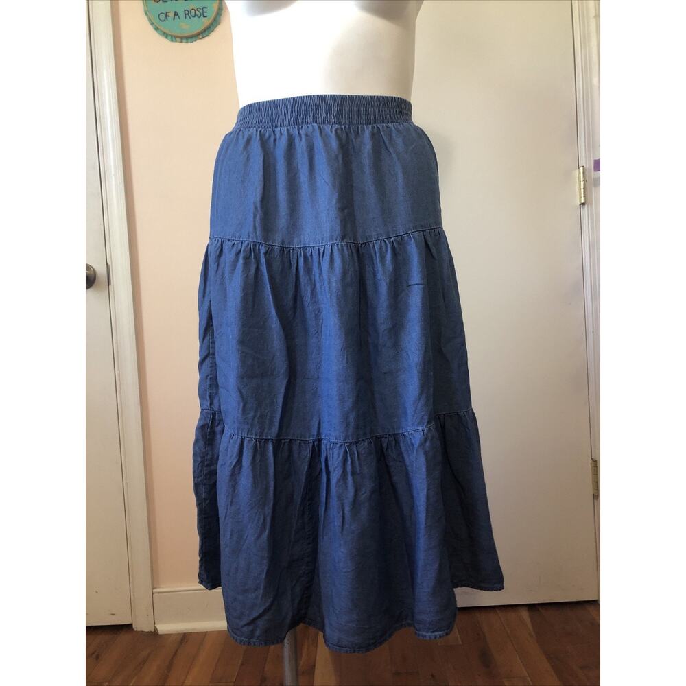 The Pioneer Woman Tiered Chambray Blue Maxi Skirt Elastic Waist Medium